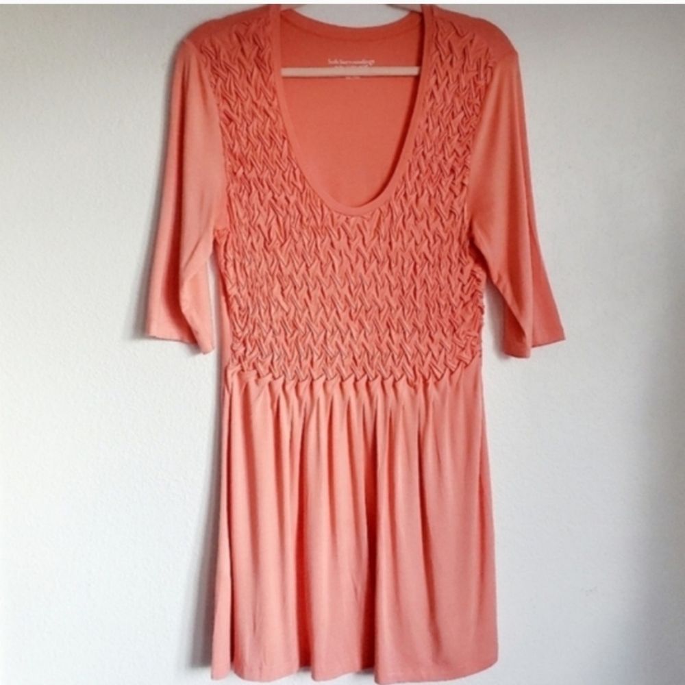 SOFT SURROUNDINGS Smocked V Neck Tunic Mini Dress Stretchy Peach Medium